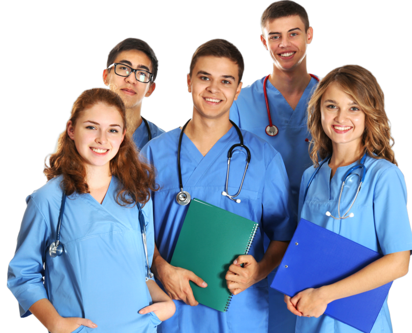 group of medical staff with stethoscope smiling